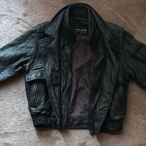 Wilson Black Leather Bomber Jacket with Zip and Flap Pockets